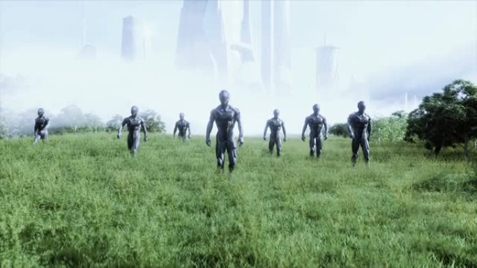 未来的军事太空士兵在未来城市的背景下，在绿色的草地上。逼真的4k动画。