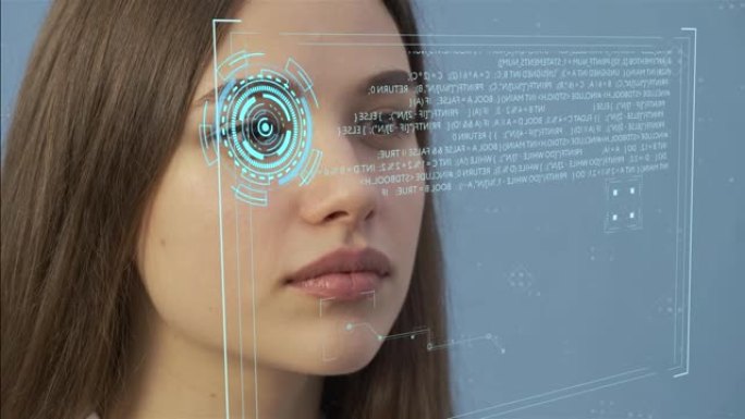 具有未来视觉系统的女性眼睛。读取数据，Hud用户界面元素