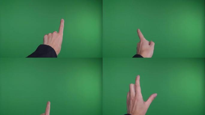 手势色度键包。绿屏背景下的20个手势。手动特写显示触摸屏的多点触摸手势: 点击、缩放、垂直、水平滑动