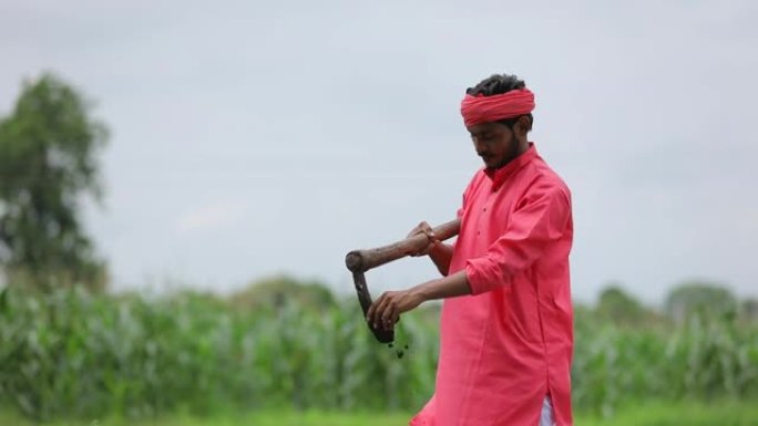 年轻的印度农民在他的田地里工作