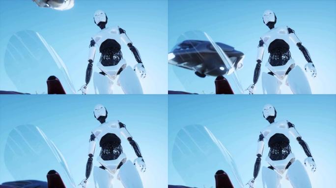 女性机器人和未来主义的飞行汽车。云层上的未来城市车站。逼真的4k动画。