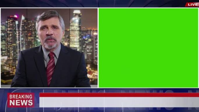 4k视频: 广播演播室的高级男性新闻主持人，绿屏显示，供样机使用
