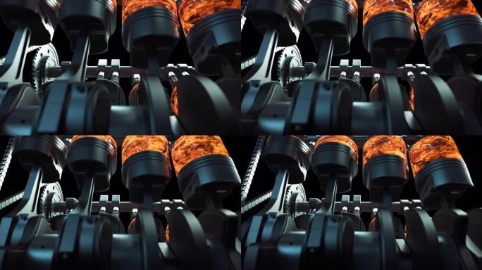 带有爆炸的燃油喷射V8发动机的3D动画。