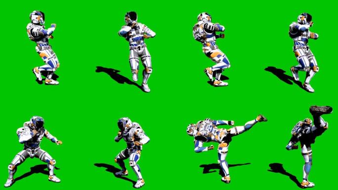宇航员-未来的士兵在绿屏前战斗。循环逼真的动画。