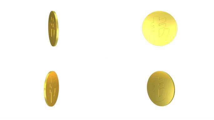 单土耳其里拉标志硬币旋转可循环动画。黄金土耳其里拉硬币可循环