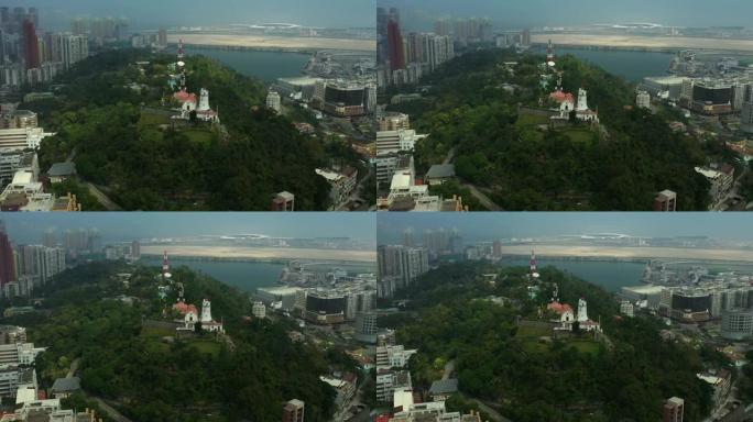 澳门城市景观日时间市中心著名公园灯塔空中全景4k中国