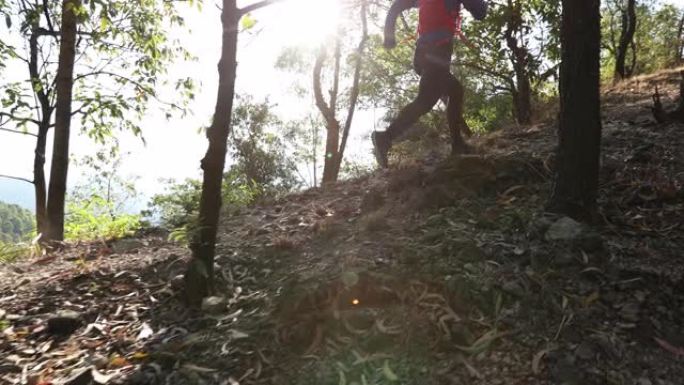 女人在日出热带森林的山路上奔跑