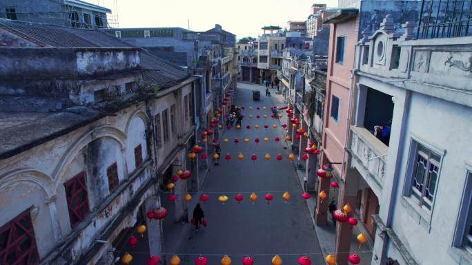 珠海斗门旧街骑楼灯笼老街电影取景地航拍