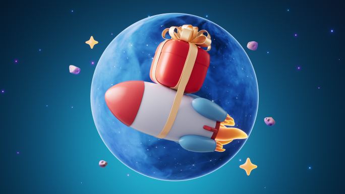 火箭与礼物外太空卡通3D渲染
