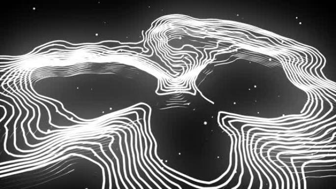 白色变形的波浪线，带有运动发光元素和黑色背景下的明亮颗粒。景深。3D渲染循环动画
