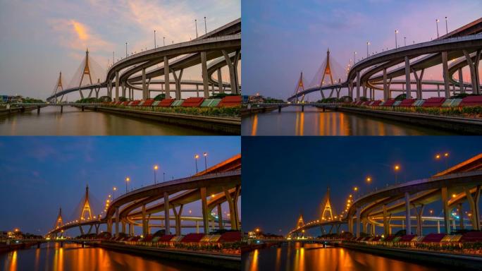 普密蓬大桥的昼夜延时摄影是泰国最美丽的桥梁之一，这座桥的名字来源于泰国国王的名字。