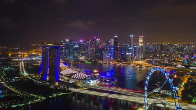 夜间照明新加坡城市飞行著名酒店海湾空中全景4k延时