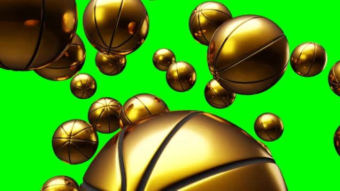 绿色色度键上的许多金色篮球球。