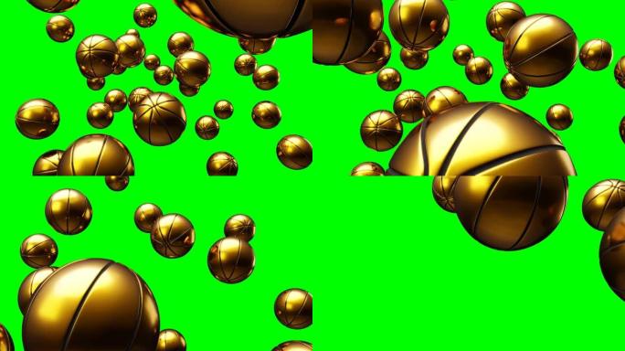 绿色色度键上的许多金色篮球球。