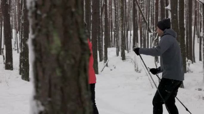 在深新鲜的雪中滑雪旅行-年轻夫妇在雪中的冬季森林中滑雪