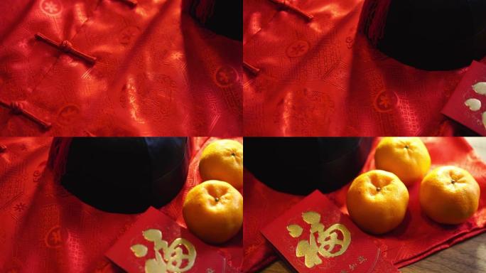 木色背景上的旗袍、礼帽和中国红包