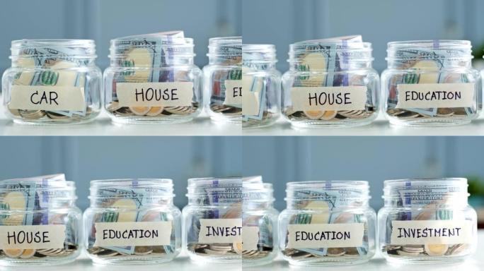 Slide shot money in jar for future, money plan, sa