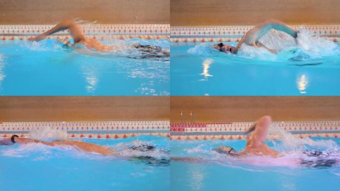 男性游泳者在游泳池游泳。专业运动员的前爬行自由泳训练。溅水。侧视图。高质量4k镜头