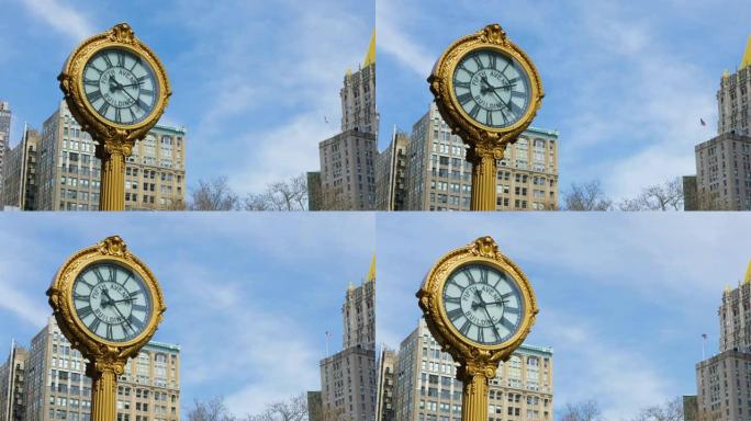 第五大道建筑时钟的时间流逝是曼哈顿熨斗大楼前麦迪逊广场的古董街钟