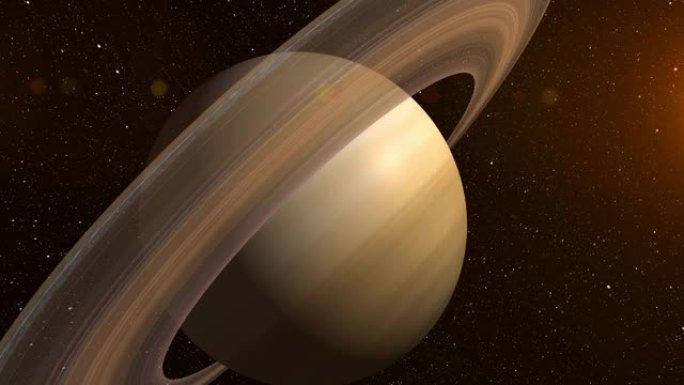 巨型气体行星土星和环CG动画。星云背后美丽星球土星的逼真3D渲染