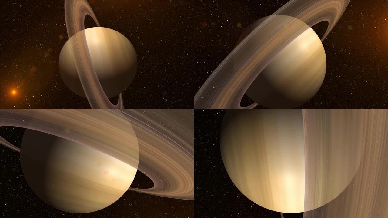 巨型气体行星土星和环CG动画。星云背后美丽星球土星的逼真3D渲染