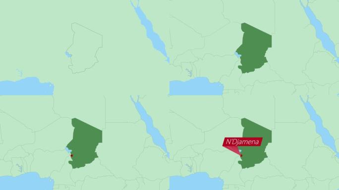 乍得地图，带国家首都大头针。