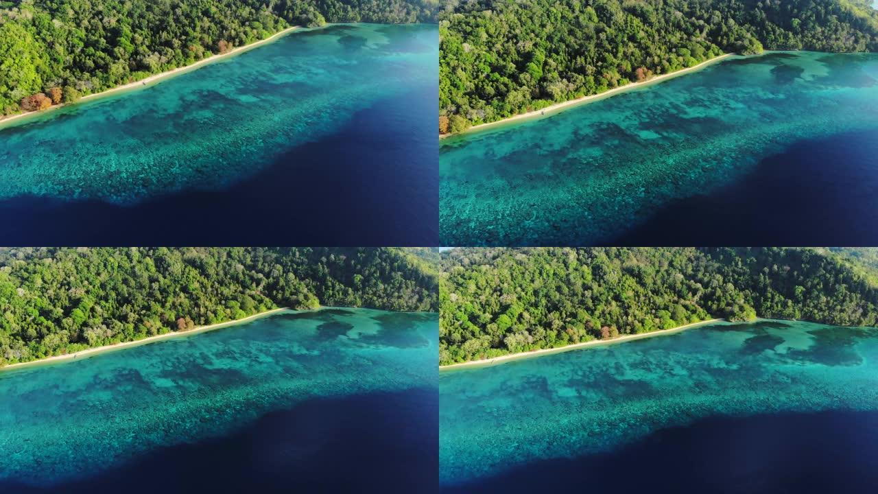 空中: 飞越热带哈达岛白色沙滩班达群岛印度尼西亚马鲁古