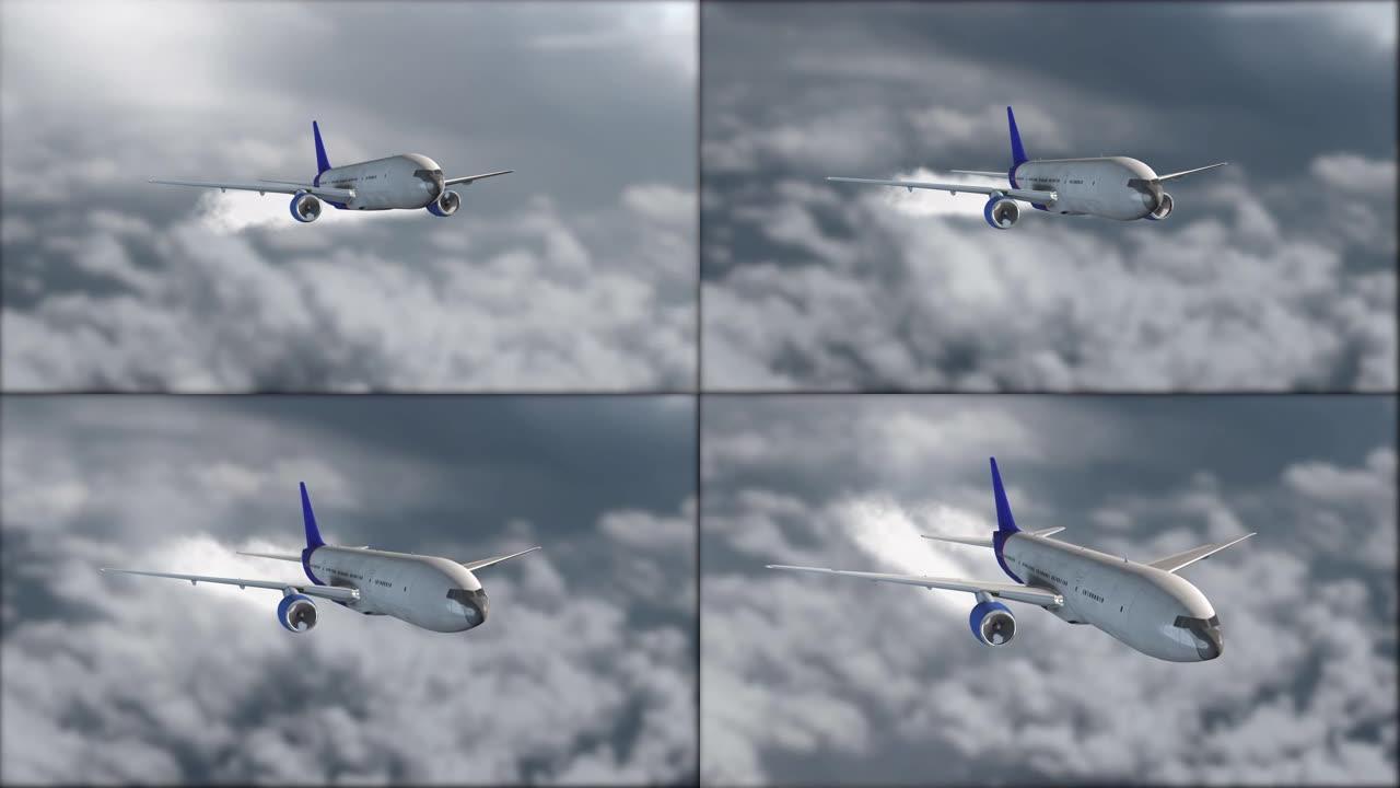 一架灰蓝色的喷气式客机在云层上空飞行。背景模糊。飞机。逼真的3D可视化。灰色的云。喷气式飞机。特写。