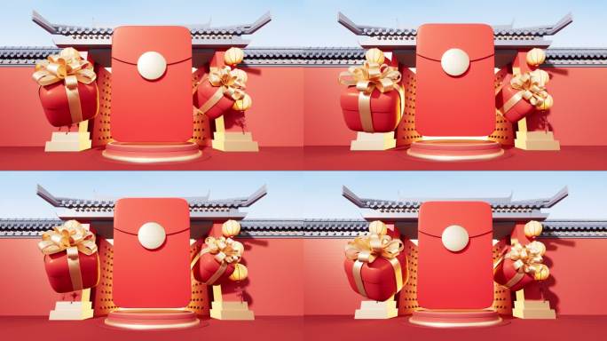 红包与中国风古风背景3D渲染
