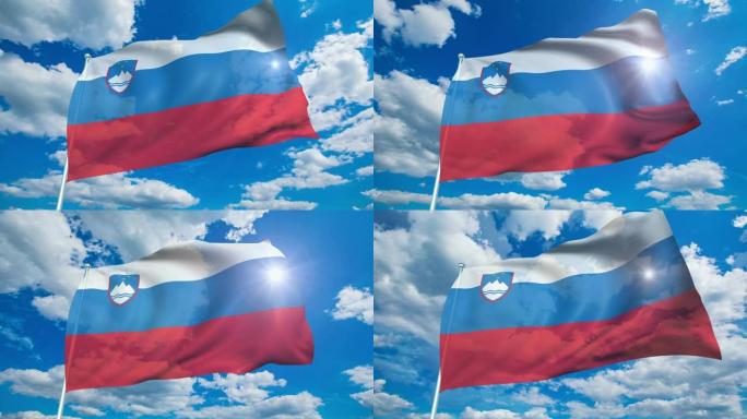带有织物结构的斯洛文尼亚国旗在多云的天空中 (可循环)