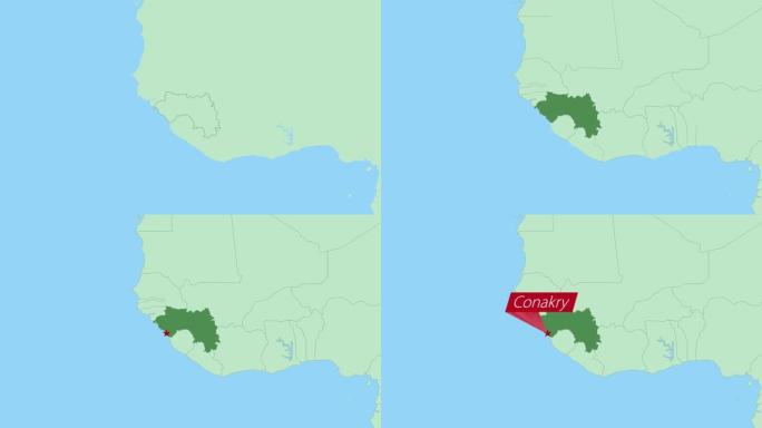 几内亚地图，带国家首都的大头针。