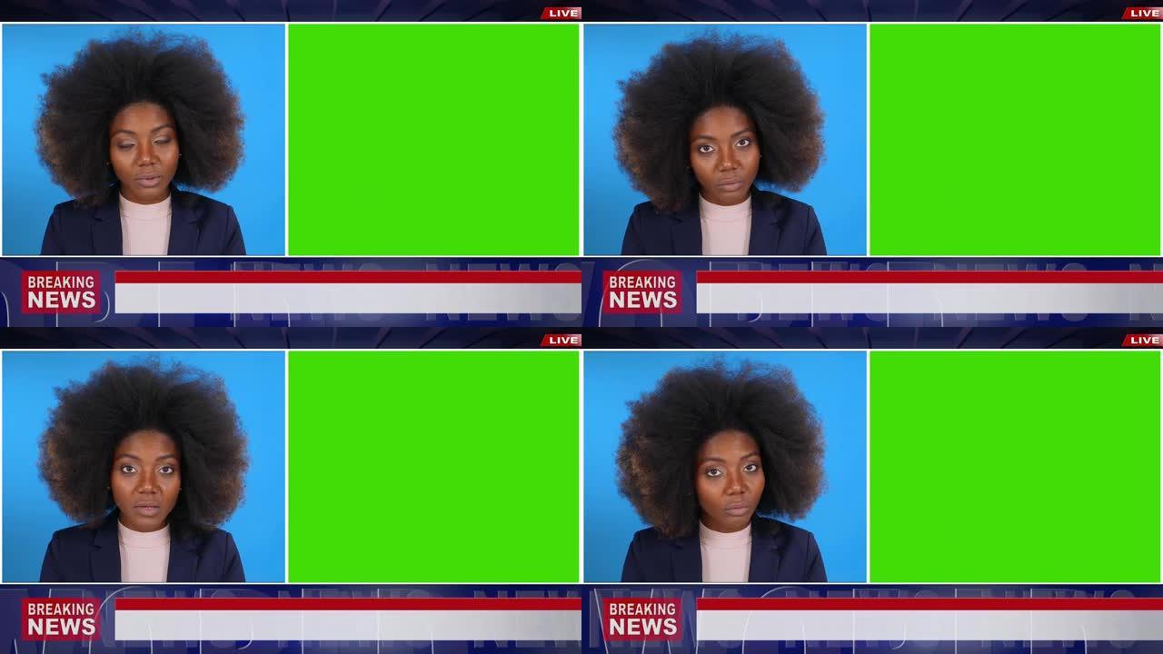 4k视频: 非洲女性新闻播音员通过绿屏显示来展示重大新闻，以供样机使用