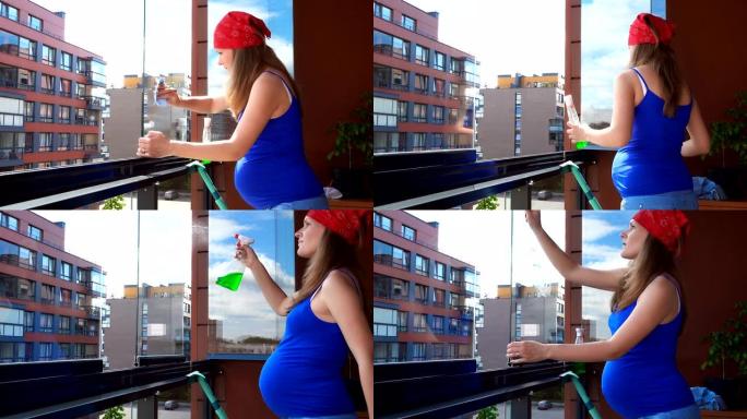 怀孕的女女孩在凉廊清洁玻璃窗