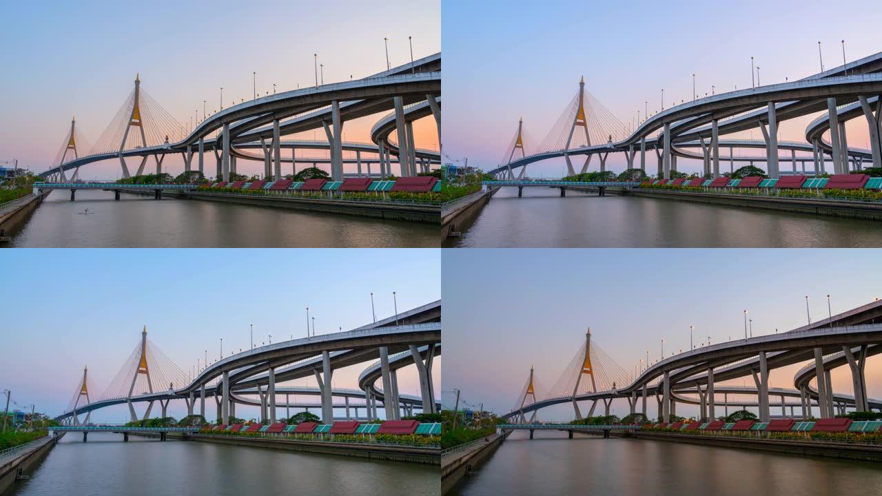 普密蓬大桥的昼夜延时摄影是泰国最美丽的桥梁之一，这座桥的名字来源于泰国国王的名字。