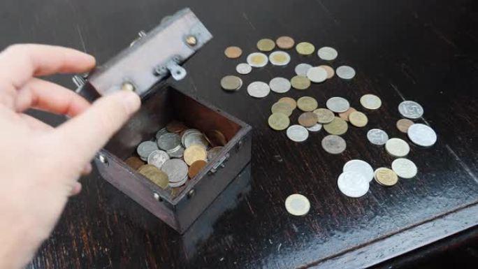 旧棕色棺材里的古董旧硬币。手正在用钱币关闭旧棺材