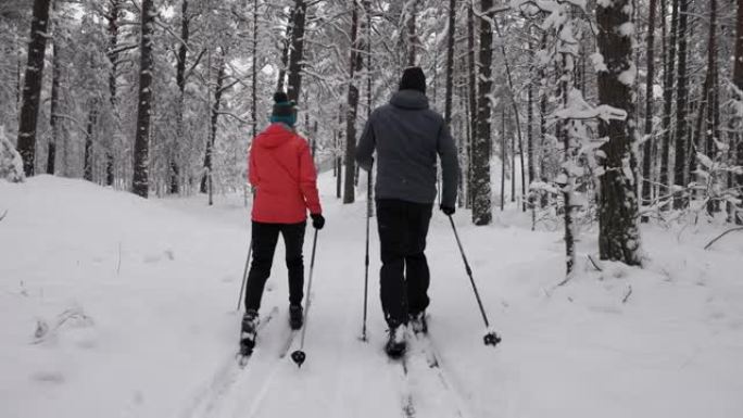 在深新鲜的雪中滑雪旅行-年轻夫妇在雪中的冬季森林中滑雪