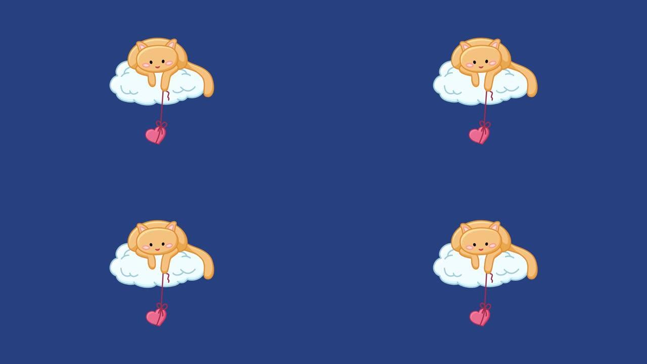 情人节可爱的猫在云上与心在弦乐卡通动画