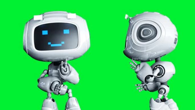 白色微笑玩具机器人动画。物理运动模糊。逼真的绿屏4k动画。绿屏
