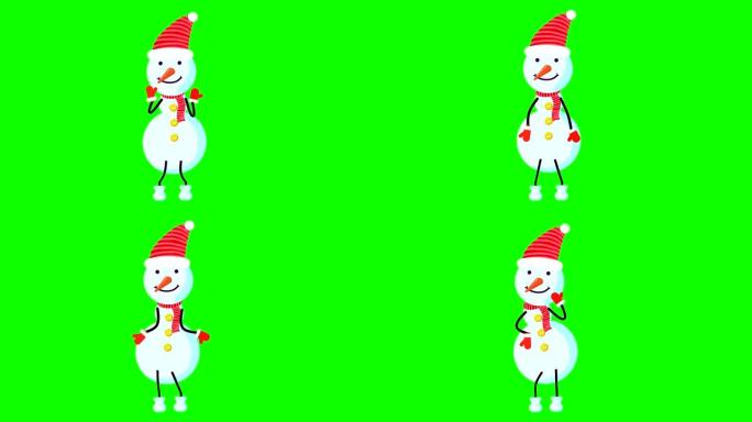 一个戴着红色帽子，戴着胡萝卜鼻子的雪人站着跳舞