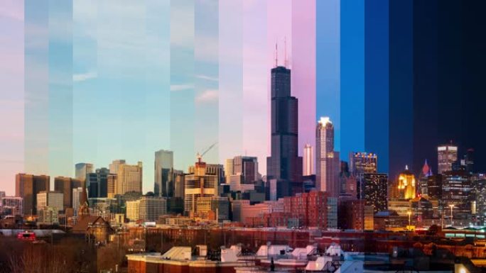 芝加哥市中心天际线的时间片
