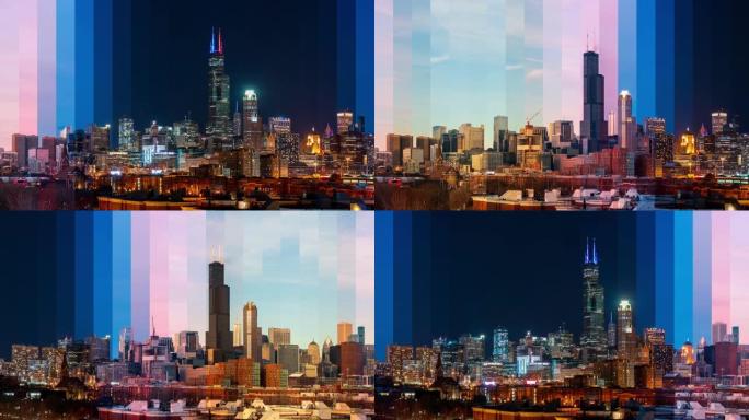 芝加哥市中心天际线的时间片