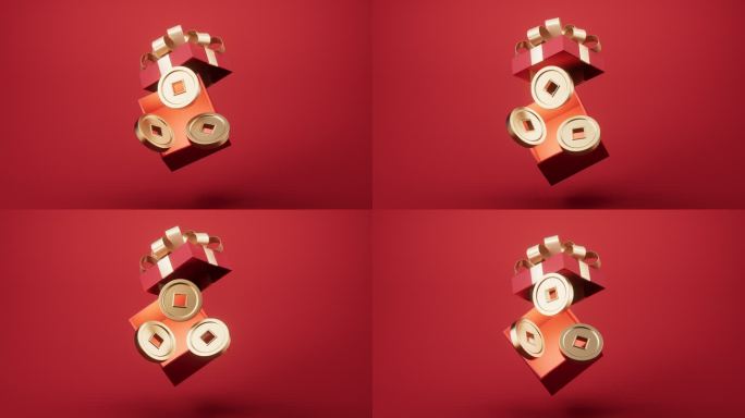 礼物盒与金币循环动画3D渲染