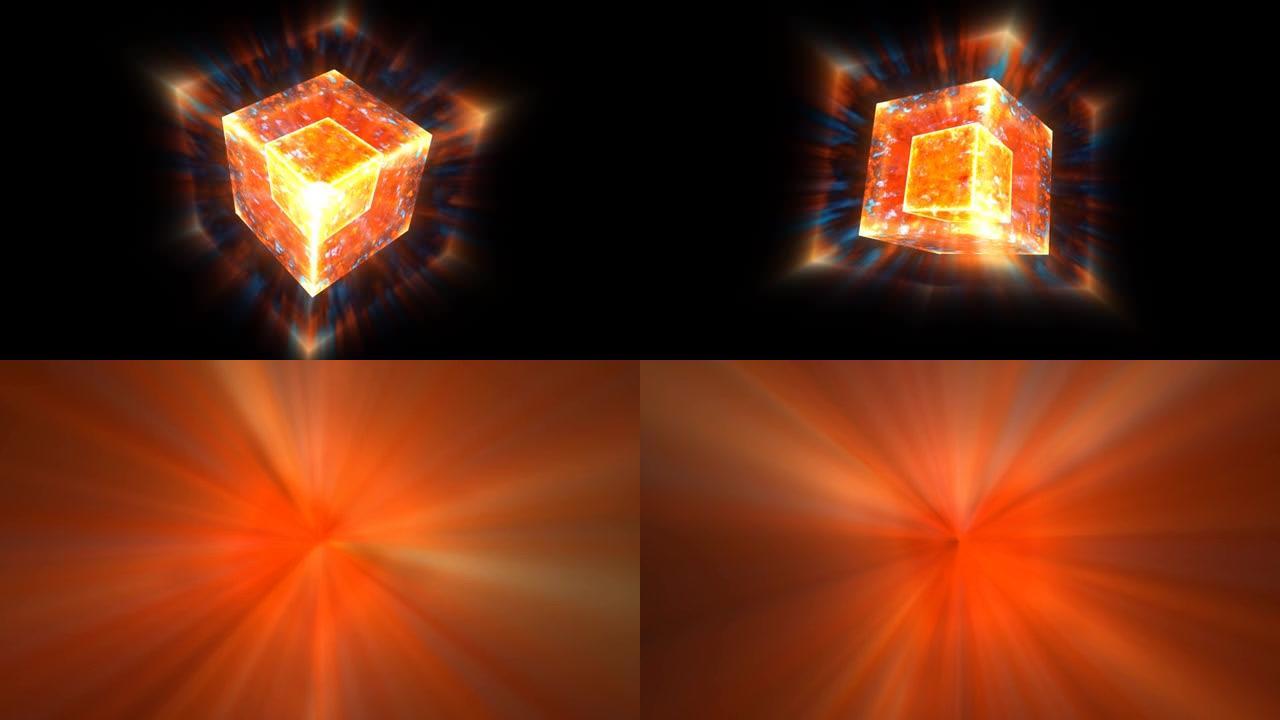 永恒的火焰力量压倒立方体神秘核心全能量表面和周围的模糊射线和爆炸释放力