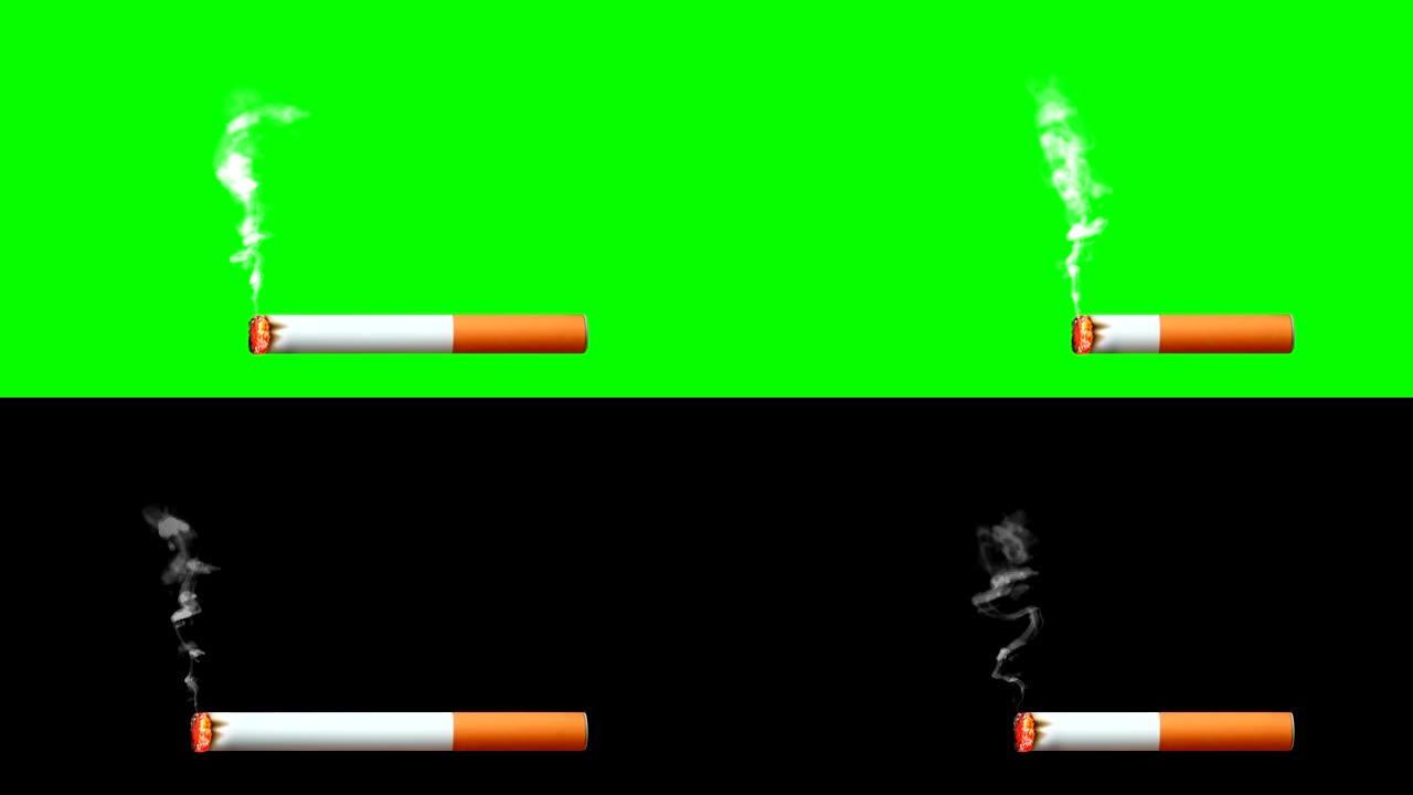 动画香烟在绿色和黑色屏幕上从充满到结束的烟雾燃烧