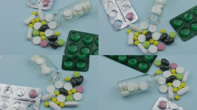 许多旋转药丸和药物。药丸和药片，泡罩包装转动