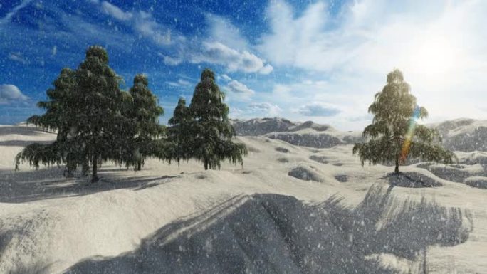 雪落在松树和山上下雪雪花
