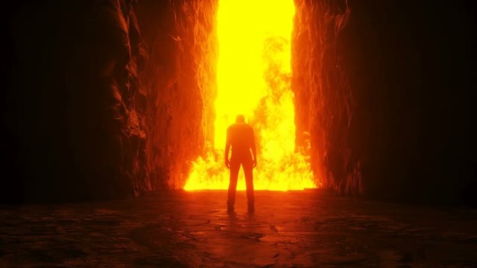 罪人。一个孤独的罪人站在地狱之门前。地狱之火。宗教概念。逼真的4k动画。