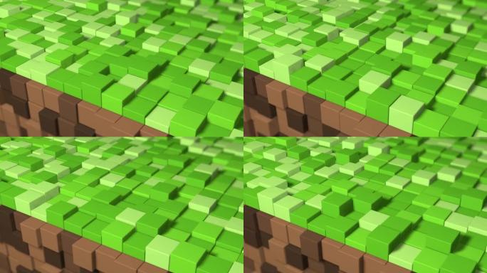 3D抽象立方体循环。电子游戏等距几何镶嵌波图案。使用棕色和绿色的草块建造丘陵景观。4k动画