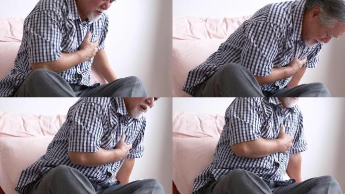 老年男性在家中心脏病发作胸痛，人们退休生活方式观念。
