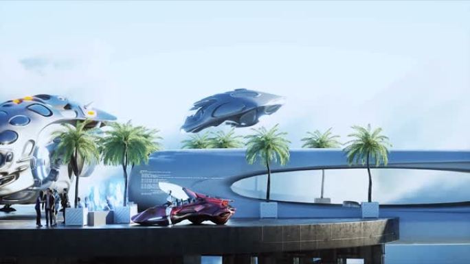 未来主义的船降落在云中的未来主义基地。逼真的4k动画。